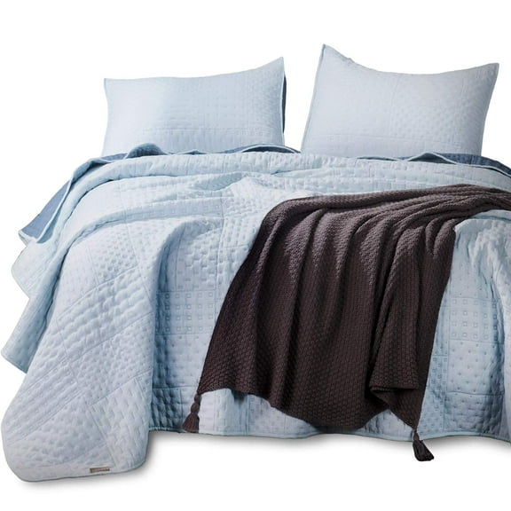 Kasentex Quilted Coverlet Mini Bedding Set-All Season Stonewashed Blanket, King Size, Sky Blue