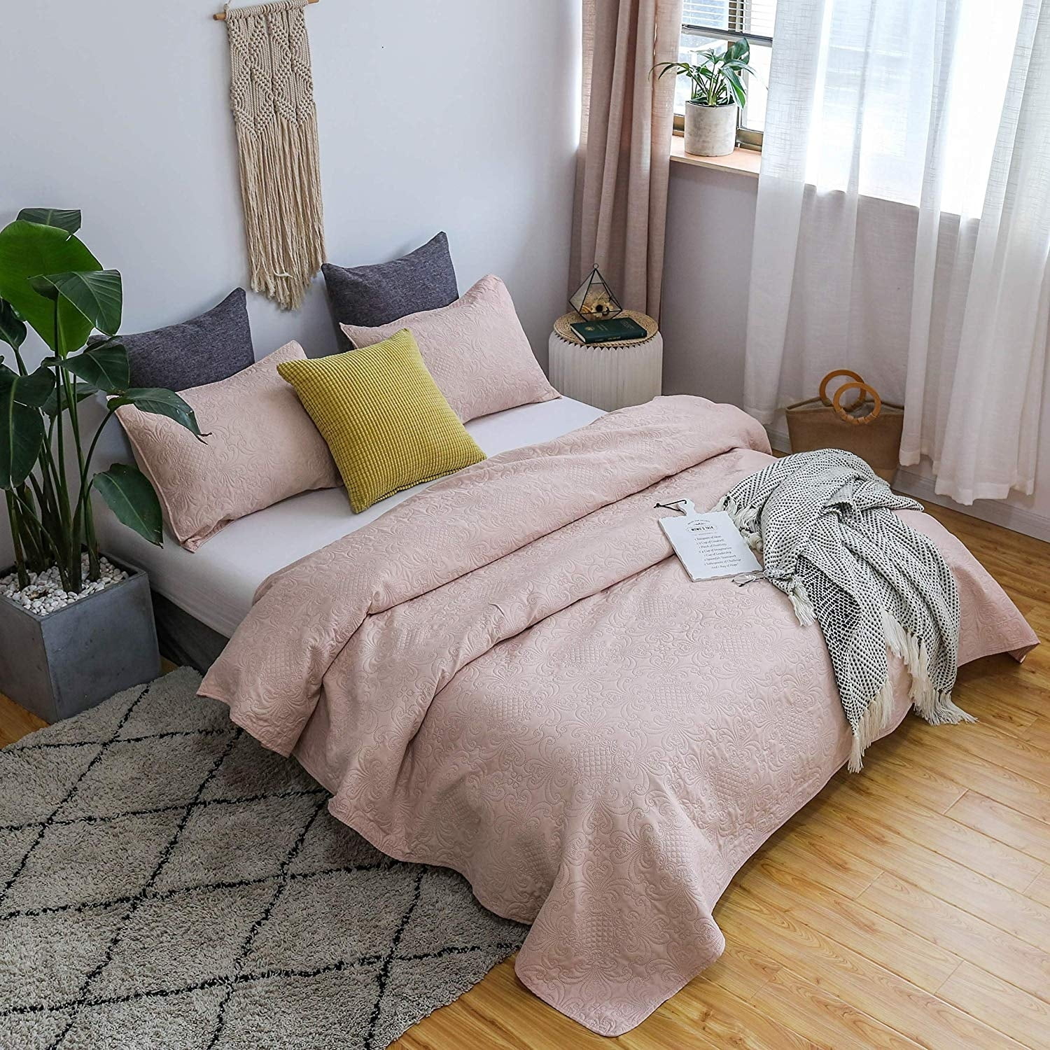 Blush Pink Floral Microfiber Queen Reversible Quilt Set