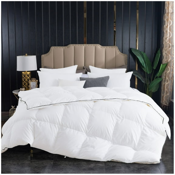 Kasentex Warm Premium White Goose Down Comforter - Heavy/Winter - 100% Cotton Fabric, Hypoallergenic, Duvet Insert w/Black Piped Edge, White, Queen Size