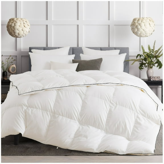Kasentex Warm Premium White Goose Down Comforter - All Season - 100% Cotton Fabric, Hypoallergenic, Duvet Insert w/Black Piped Edge, White, King Size
