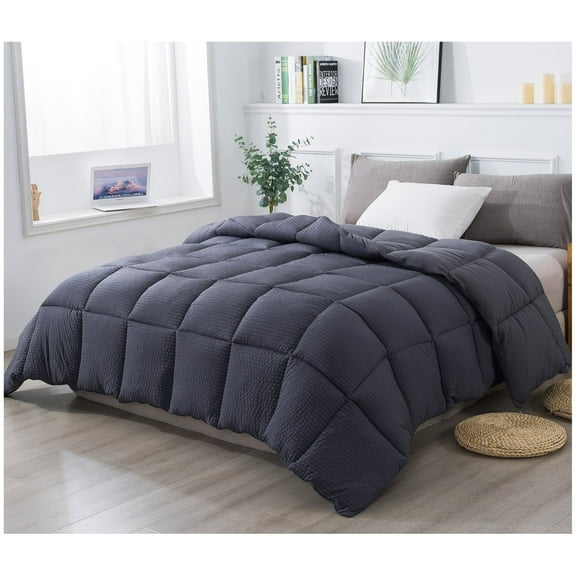 Kasentex Winter Warmth Quilted Comforter, Cozy Soft Seersucker Textured, Down Alternative Fill Dark Grey King