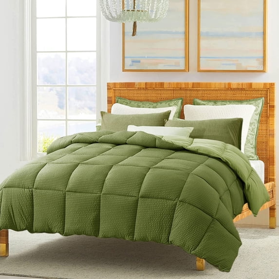 Kasentex Winter Warmth Quilted Comforter, Cozy Soft Seersucker Textured, Down Alternative Fill Dark Sage Green King