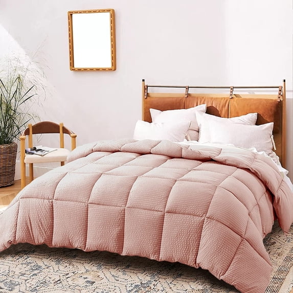 Kasentex Winter Warmth Quilted Comforter, Cozy Soft Seersucker Textured, Down Alternative Fill Pink Queen