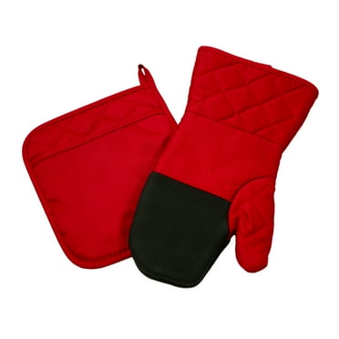 Kashi Home 2 Piece Pot Holder & Oven Mitt Kitchen Accessories Set, Solid Color, Heat Resistant Insulation Glove Pad for Cooking, Red