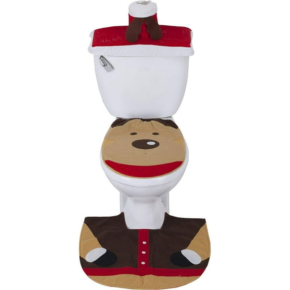 Kashi Home 3 Piece Christmas Decoration Bathroom Accessory Set Holiday Toilet Seat Cover and Rug Set, Reindeer