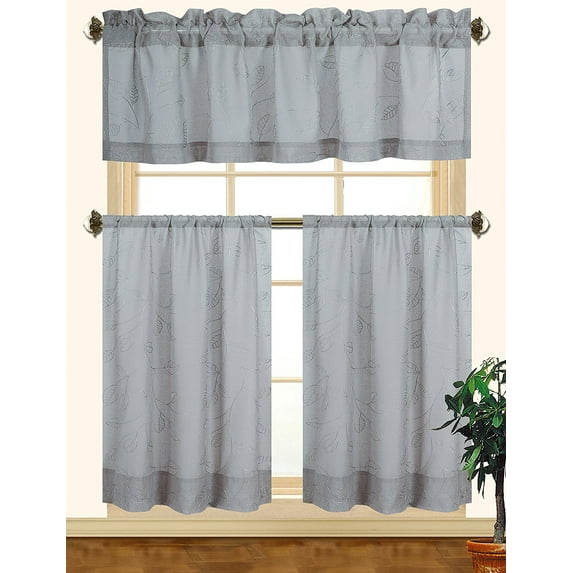 Kashi Home Fiona 3pc Leaves Embroidered Decorative Kitchen Curtain Set (Gray/Gray)