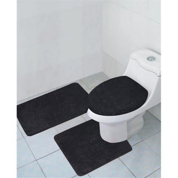 Kashi Home Hailey 3 Piece Bath Rug Set, Bath Mat, Contour Rug, Toilet Seat Lid Cover, Soft Pile, Water Absorbent Solid Color (Black)