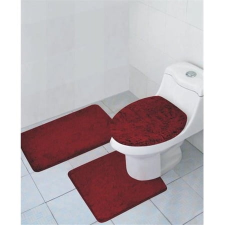 Kashi Home Hailey 3 Piece Bath Rug Set, Bath Mat, Contour Rug, Toilet Seat Lid Cover, Soft Pile, Water Absorbent Solid Color (Burgundy)