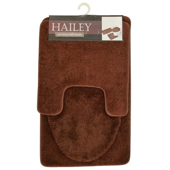 Kashi Home Hailey 3 Piece Bath Rug Set, Bath Mat, Contour Rug, Toilet Seat Lid Cover, Soft Pile, Water Absorbent Solid Color (Chocolate)