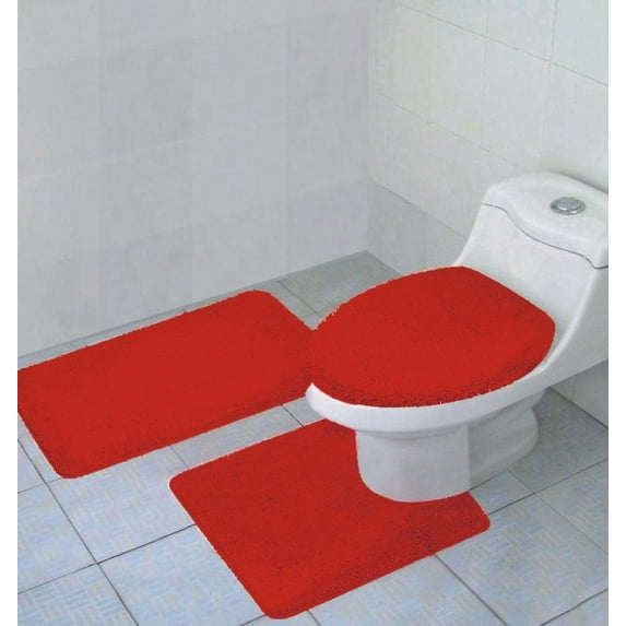 Kashi Home Hailey 3 Piece Bath Rug Set, Bath Mat, Contour Rug, Toilet Seat Lid Cover, Soft Pile, Water Absorbent Solid Color (Red)