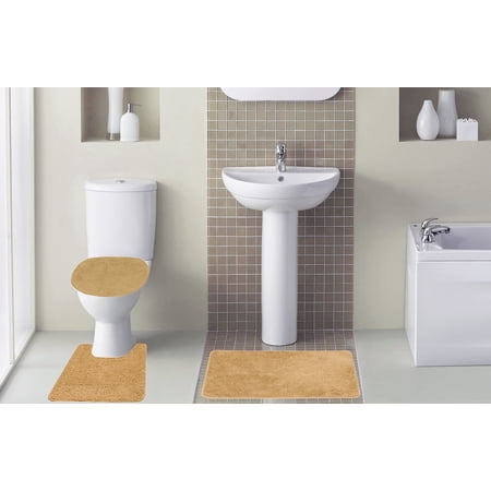Kashi Home Hailey 3 Piece Bath Rug Set Tub Contour Mat, Lid Gold Solid