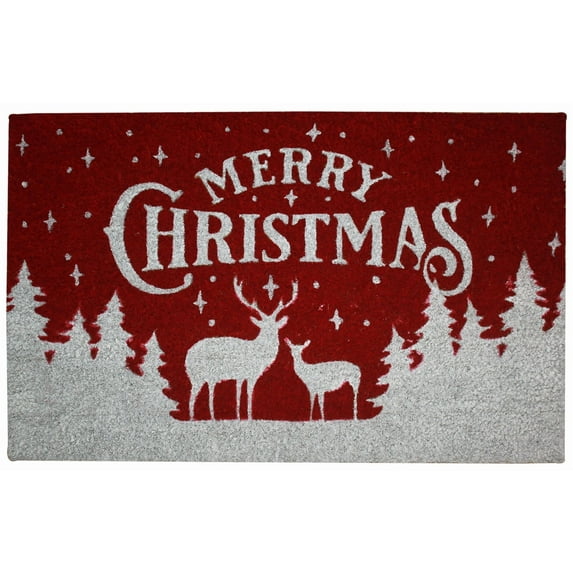 Kashi Home Holiday Christmas Coir Door Mat Printed Welcome Mat 18x28 Non-Slip Doormat, Durable Outdoor/Indoor Rug, Entryway, Front Door, Porch, Patio, Merry Snow Collection (RED Deer)