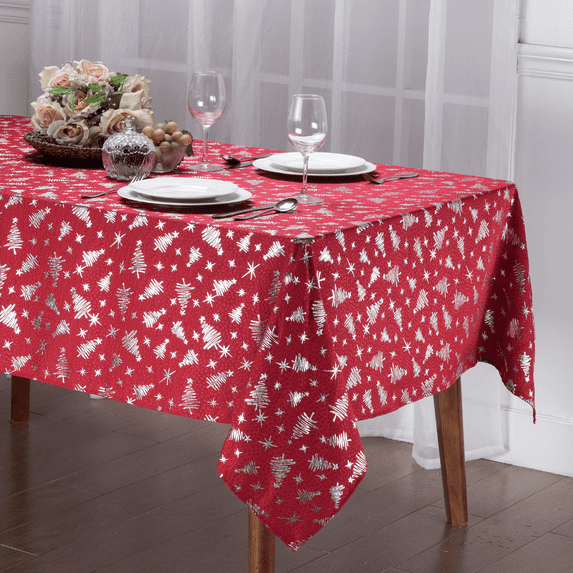 Kashi Home Holiday Decorative Tablecloth Shining Christmas Beautiful Foil Design for Holidays Gathering Red/Silver 52x70