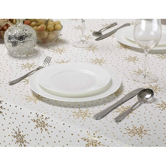 Kashi Home Holiday Decorative Twinkle Collection Tablecloth, Beautiful Shining Snowflake Design for Holidays Gathering, Buffet Table, Parties - 60"X102", Gold