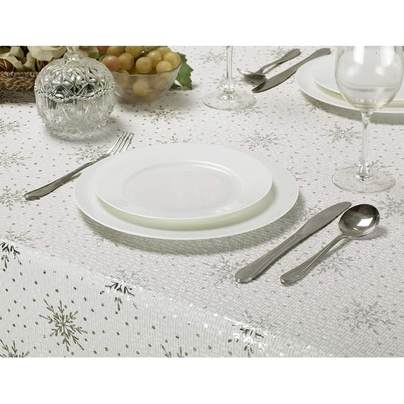 Kashi Home Holiday Decorative Twinkle Collection Tablecloth, Beautiful Shining Snowflake Design for Holidays Gathering, Buffet Table, Parties - 70" Round, Silver