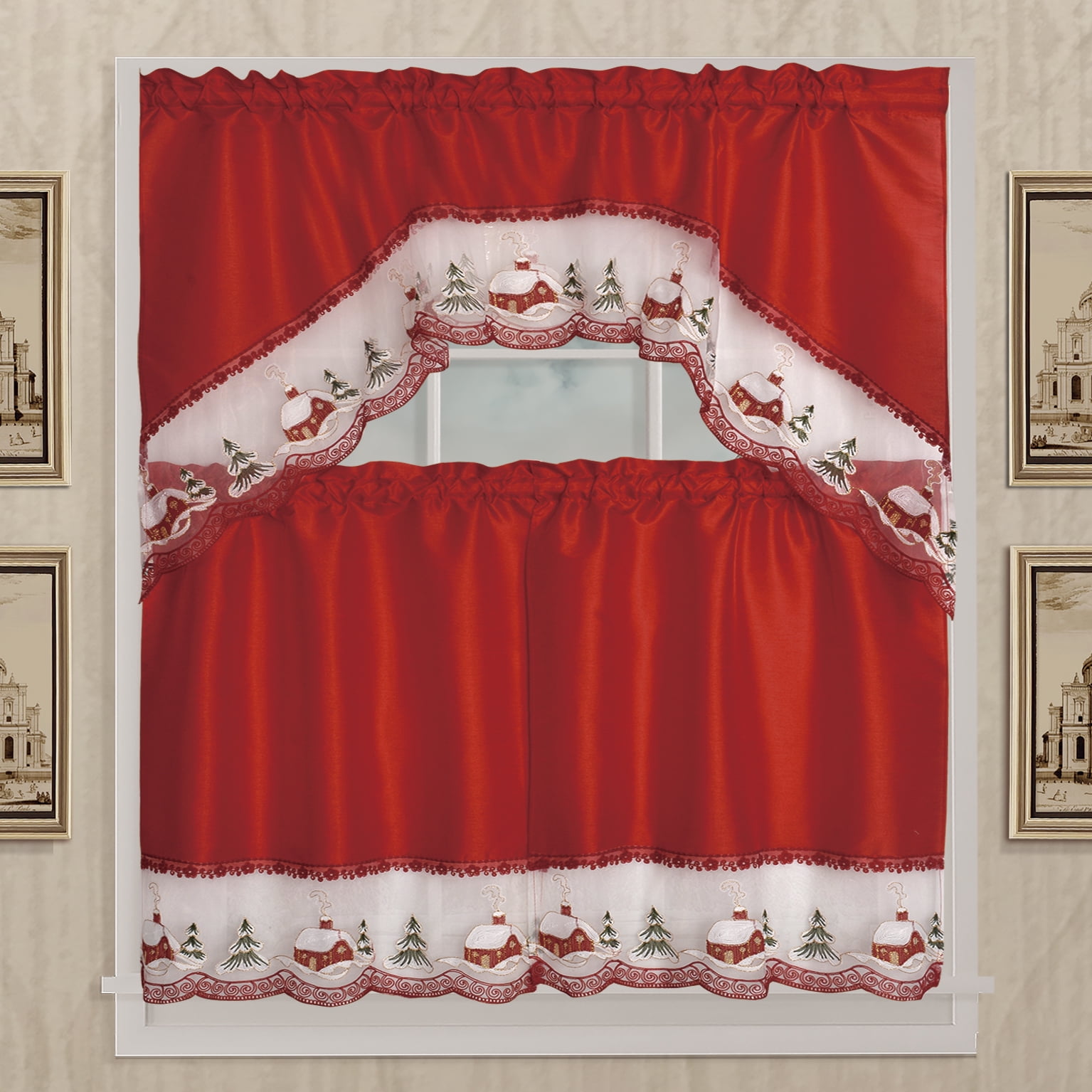 Kashi Home Holiday Kitchen Curtain Set, Christmas Cottage Red
