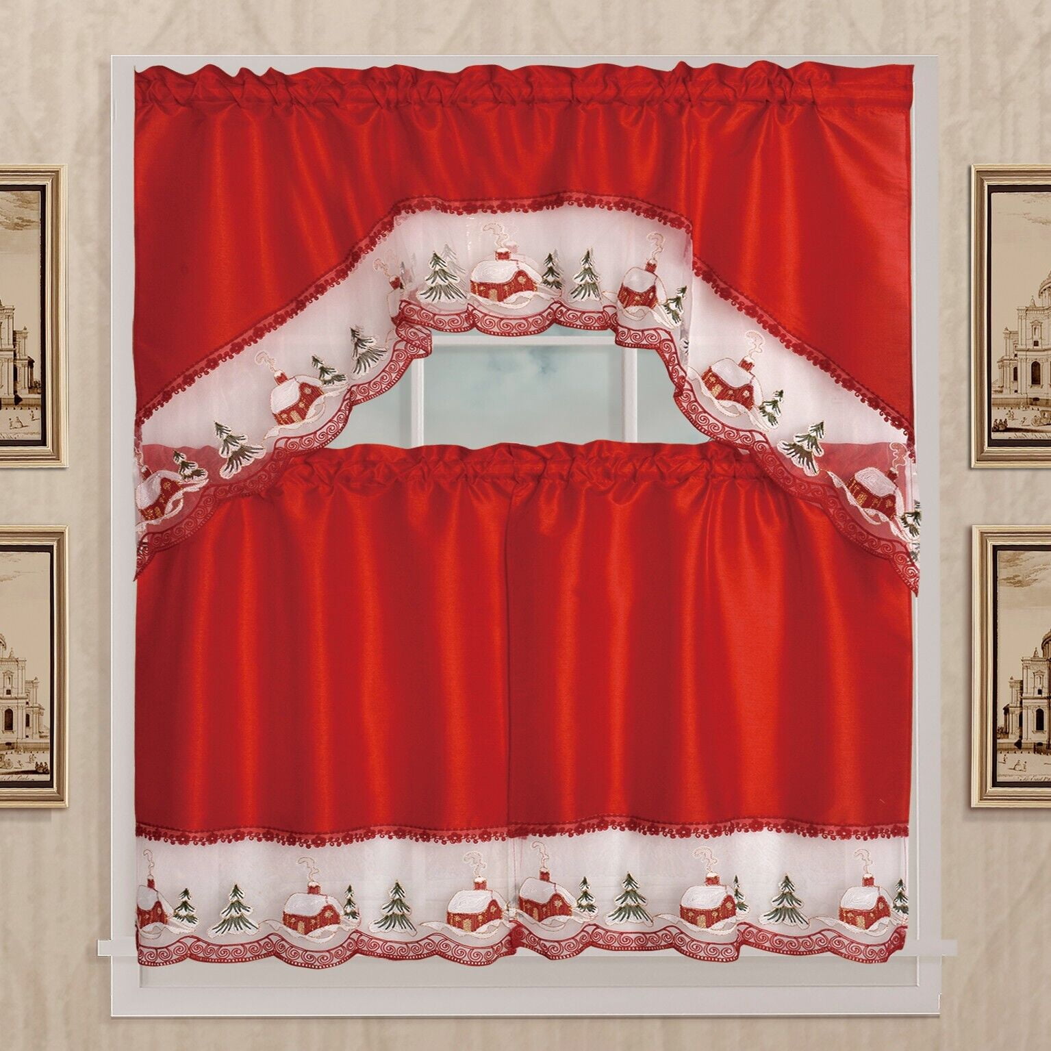 Kashi Home Holiday Kitchen Curtain Set, Swag Valance and Two