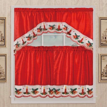 Kashi Home Holiday Kitchen Curtain Set, Swag Valance and Two Panels - Holiday Candle Red