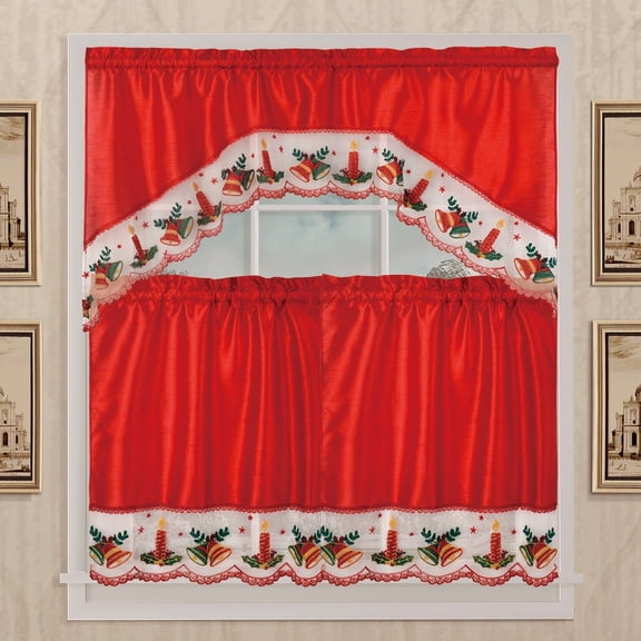 Kashi Home Holiday Kitchen Curtain Set, Swag Valance and Two Panels - Holiday Candle Red