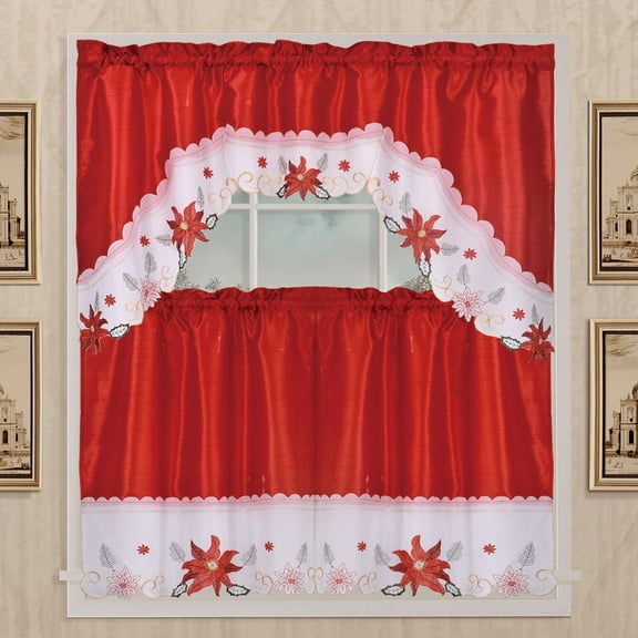 Kashi Home Holiday Kitchen Curtain Set, Swag Valance and Two Panels - Holiday Poinsettia