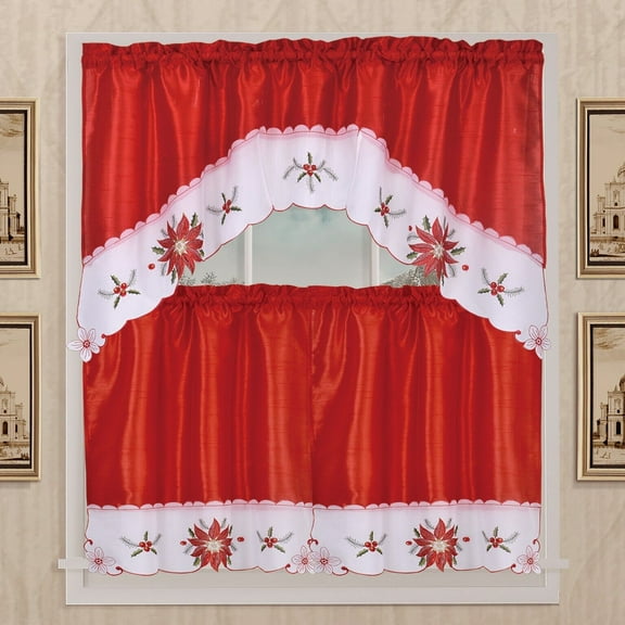 Kashi Home Holiday Kitchen Curtain Set, Swag Valance and Two Panels - Red & White Poinsettia