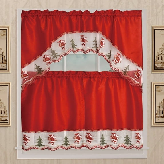 Kashi Home Holiday Kitchen Curtain Set, Swag Valance and Two Panels - Santa