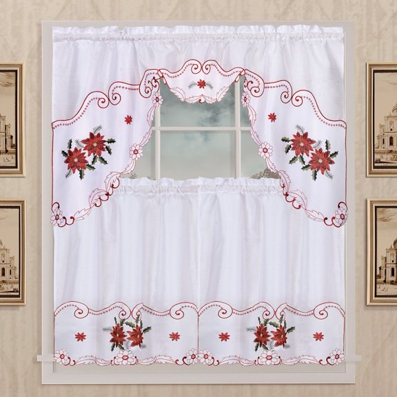 Kashi Home Holiday Kitchen Curtain Set, Swag Valance and Two Panels - White Poinsettia