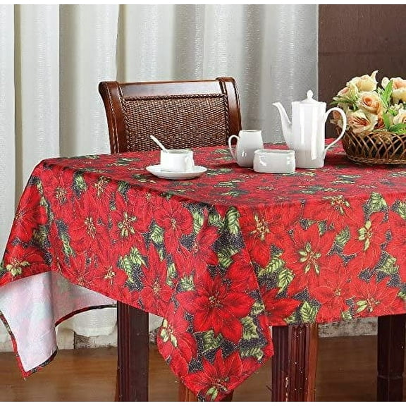 Kashi Home HolidayTablecloth Printed Christmas Table Décor for Holidays, Gathering, Buffet Table, Parties - Red Poinsettia 70 Round