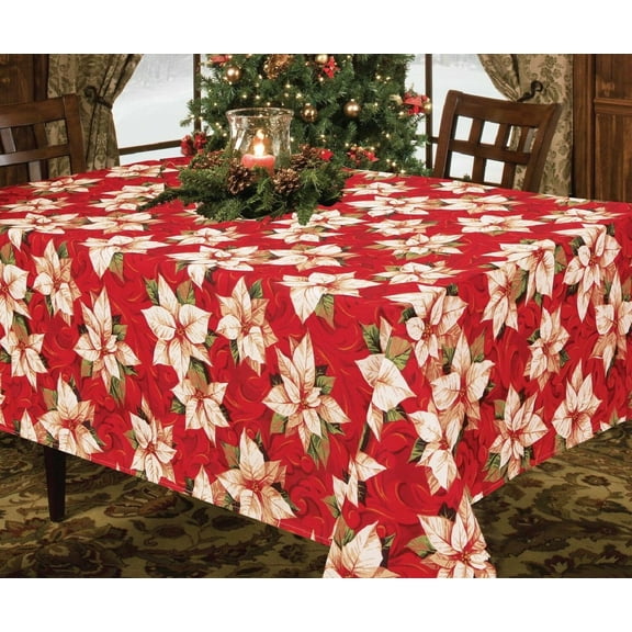 Kashi Home HolidayTablecloth Printed Christmas Table Décor for Holidays, Gathering, Buffet Table, Parties - White Poinsettia 60x102