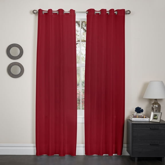 Kashi Home Holly Collection Window Treatment/Curtain/Sheer Faux Silk with Grommet Top 57" X 90", Pack of 2, Ruby