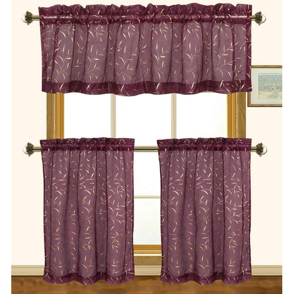 Kashi Home Jane 3 Piece Kitchen Curtain Set Printed Foil Leaves Sheer Fabric Burgundy/Gold