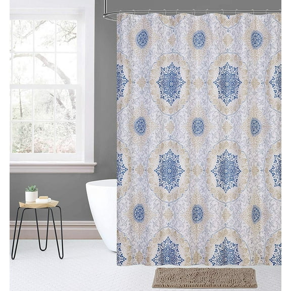 Kashi Home Jenna 14 pc Fabric Shower Curtain, Chenille Bath Rug Mat & Roller Hooks, Bathroom Accessory Set