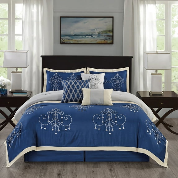 Kashi Home King Size Comforter Set 7 Pieces Blue Bedspread (86 * 101 Inch) with 2 Pillow Shams, Bedskirt and Decorative Pillows, Embroidered Lightweight Bedding - Agatha