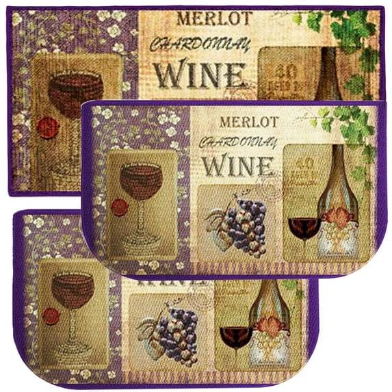 Kashi Home Kitchen Rug, Area Rug, Mat, Beautiful Print Non-Skid Latex Back Bordeaux Wine 3pc Set (2 18x30 D Shape & 1 20x34)