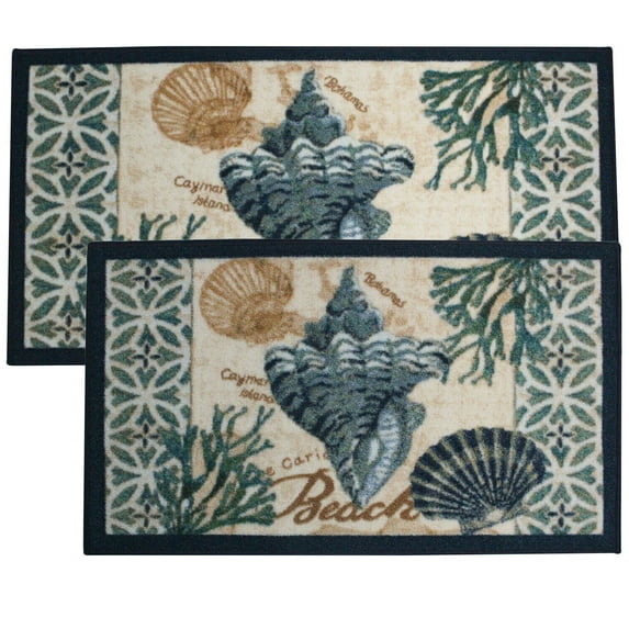 Kashi Home Kitchen Rug, Area Rug, Mat, Beautiful Print Non-Skid Latex Back Land Of Shells 2pc Set (18X30 Rectangle & 20X40)