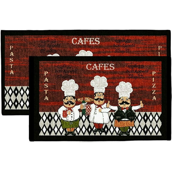 Kashi Home Kitchen Rug, Printed Area Rug, Durable Floor, Door Mat, Farmhouse Non-Slip Carpet Latex Backing Beautiful Design Chef Trio 2pc Set (18X30 Rectangle & 20X40)