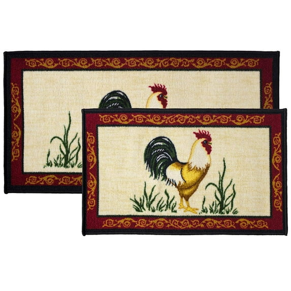 Kashi Home Kitchen Rug, Printed Area Rug, Durable Floor, Door Mat, Farmhouse Non-Slip Carpet Latex Backing Beautiful Design Dot Rooster 2pc Set (18X30 Rectangle & 20X40)