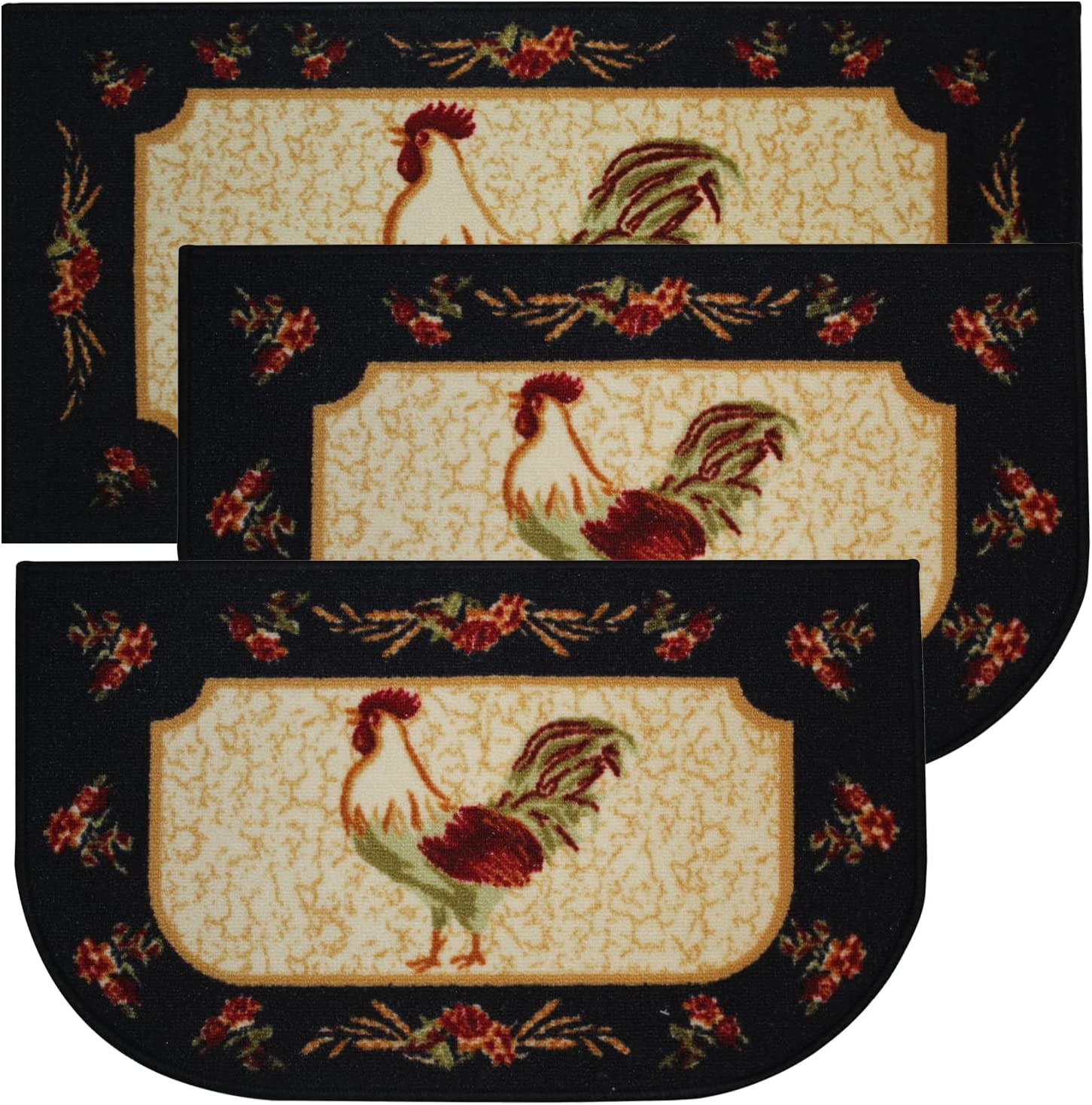 Farmhouse Rooster Print Black and Beige Polyester Kitchen Rug Set