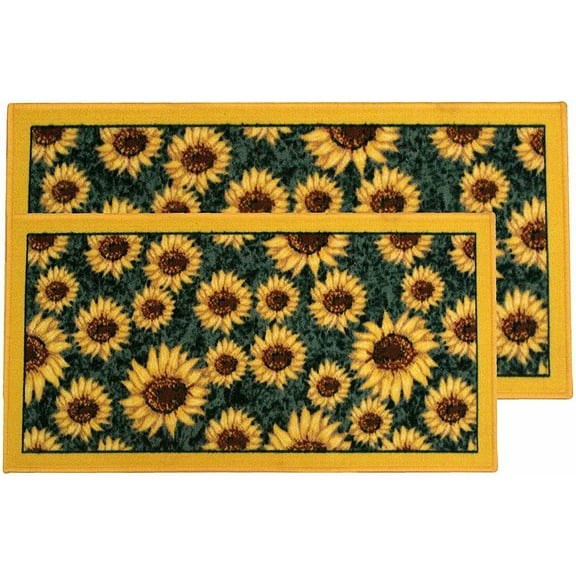Kashi Home Kitchen Rug, Printed Area Rug, Durable Floor, Door Mat, Farmhouse Non-Slip Carpet Latex Backing Beautiful Design Sunflower 2pc Set (18X30 Rectangle & 20X40)