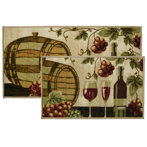 Kashi Home Kitchen Rug, Printed Area Rug, Durable Floor, Door Mat, Farmhouse Non-Slip Carpet Latex Backing Beautiful Design Wine Barrel 2pc Set (18X30 Rectangle & 20X40)