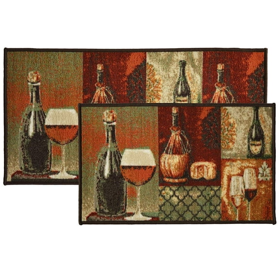 Kashi Home Kitchen Rug, Printed Area Rug, Durable Floor, Door Mat, Farmhouse Non-Slip Carpet Latex Backing Beautiful Design Cheese & Wine 2pc Set (18X30 Rectangle & 20X40)