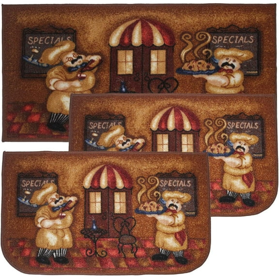 Kashi Home Kitchen Rug, Printed Area Rug, Durable Floor, Door Mat, Farmhouse Non-Slip Carpet Latex Backing Beautiful Design Chef 3pc Set (2 18x30 D Shape & 1 20x40)