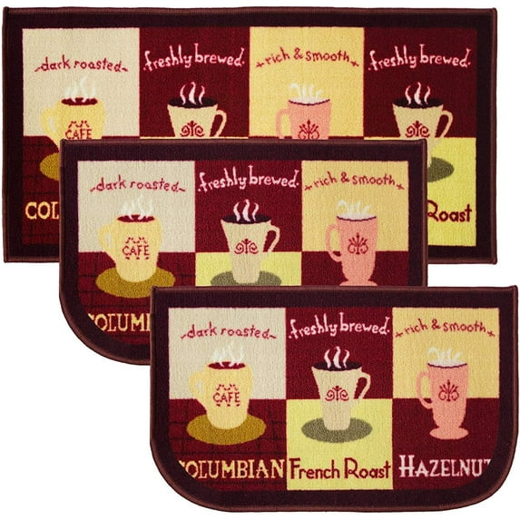 Kashi Home Kitchen Rug, Printed Area Rug, Durable Floor, Door Mat, Farmhouse Non-Slip Carpet Latex Backing Beautiful Design Coffee Cup 3pc Set (2 18x30 D Shape & 1 20x40)