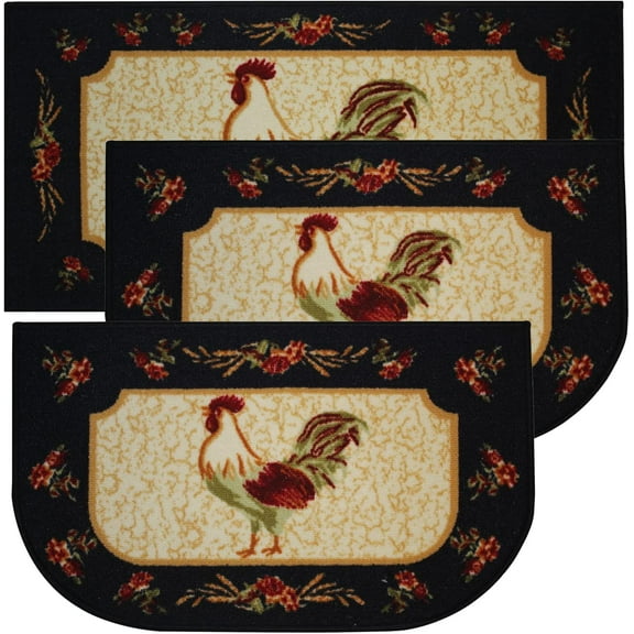 Kashi Home Kitchen Rug, Printed Area Rug, Durable Floor, Door Mat, Farmhouse Non-Slip Carpet Latex Backing Beautiful Design Rooster 3pc Set (2 18x30 D Shape & 1 20x40)