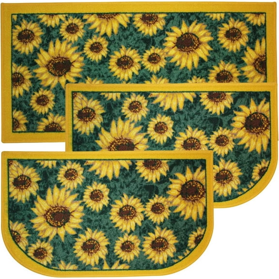 Kashi Home Kitchen Rug, Printed Area Rug, Durable Floor, Door Mat, Farmhouse Non-Slip Carpet Latex Backing Beautiful Design Sunflower 3pc Set (2 18x30 D Shape & 1 20x40)