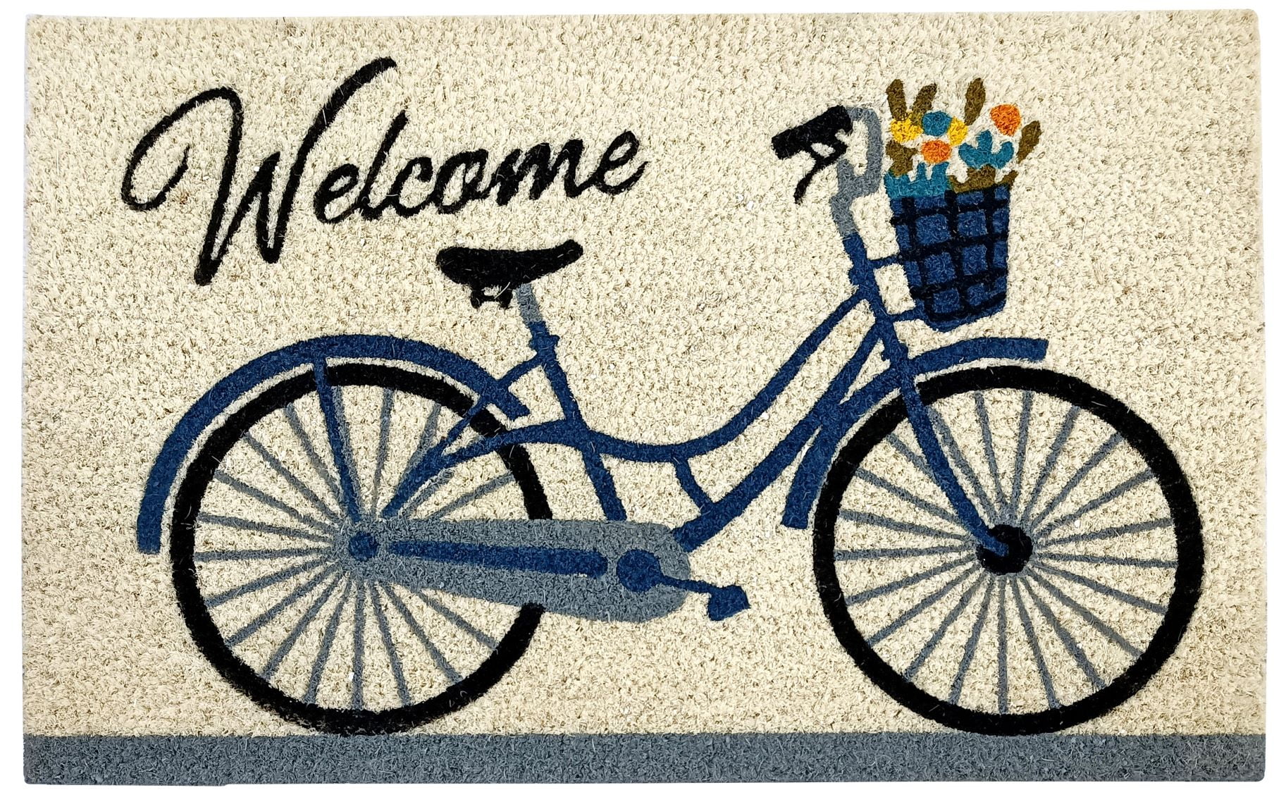 Kashi Home Printed Coir Fiber 18x28 Non-Slip Doormat, Durable Outdoor / Indoor Rug, Entryway, Front Door, Porch, Patio, Welcome Mat, Hello Spring Theme, Floral Americana Design Decor (Welcome Bicycle)