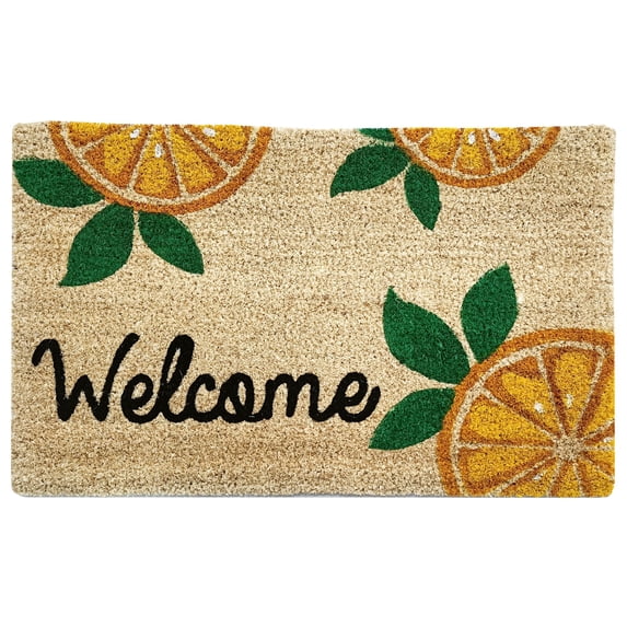 Kashi Home Printed Coir Fiber 18x28 Non-Slip Doormat, Durable Outdoor / Indoor Rug, Entryway, Front Door, Porch, Patio, Welcome Mat, Summer Fruit Theme, Lemon Design Decor (WELCOME LEMONS)