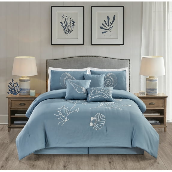Kashi Home Queen Size Comforter Set 7 Pieces Blue Bedspread (86 * 86 Inch) with 2 Pillow Shams, Bedskirt and Decorative Pillows, Embroidered Lightweight Bedding - Cecily