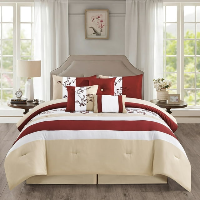 Kashi Home Queen Size Comforter Set 7 Pieces Burgundy Bedspread (86 * 86 Inch) with 2 Pillow Shams, Bedskirt and Decorative Pillows, Embroidered Lightweight Bedding - Magda