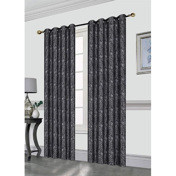 Kashi Home Sabrina Decorative Silver Foil Print 52X84 Blackout Window Curtain Panel with 8 Grommets, Single Panel, Black